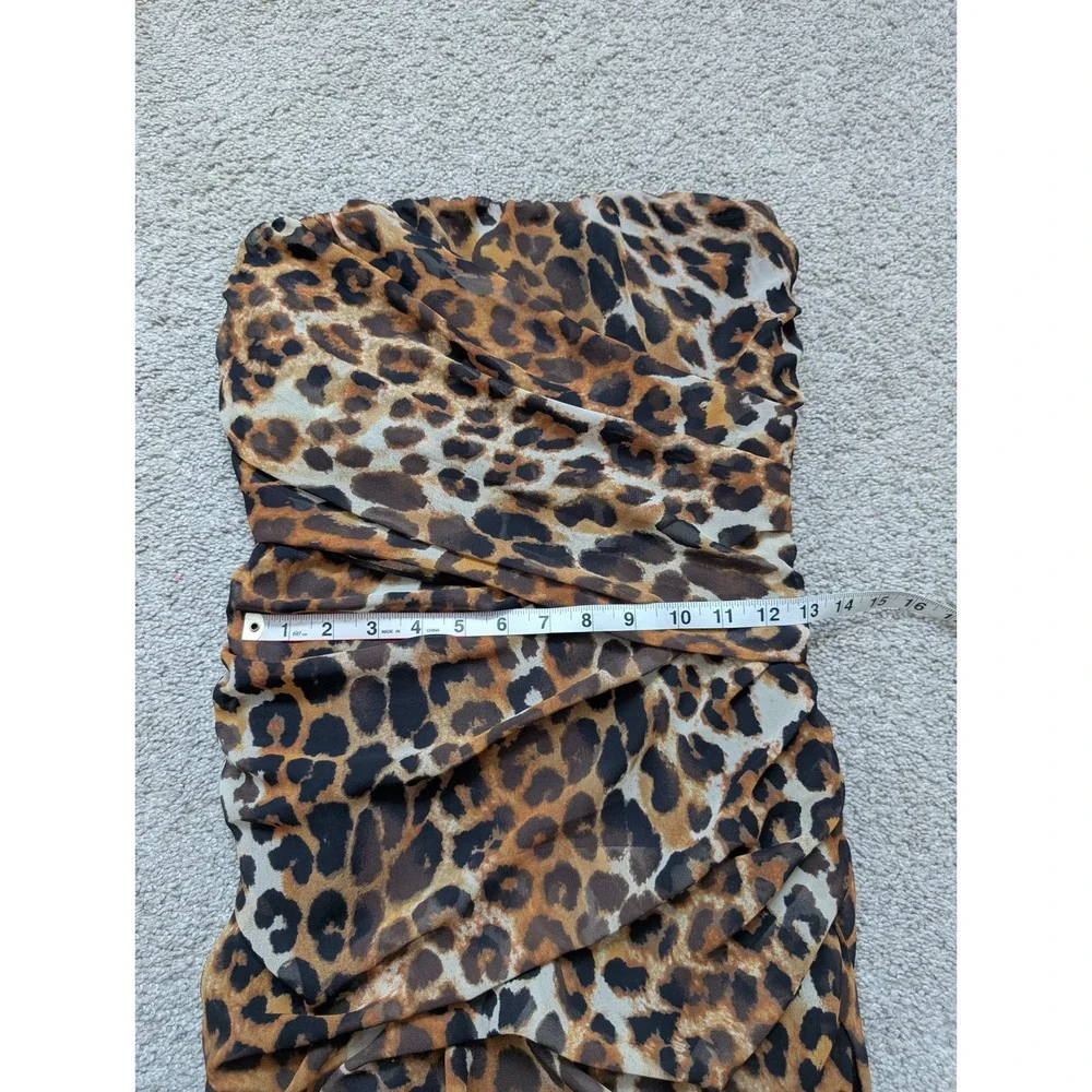Express Leopard Print Strapless Mini Dress Women Brown Ruched Draped Party